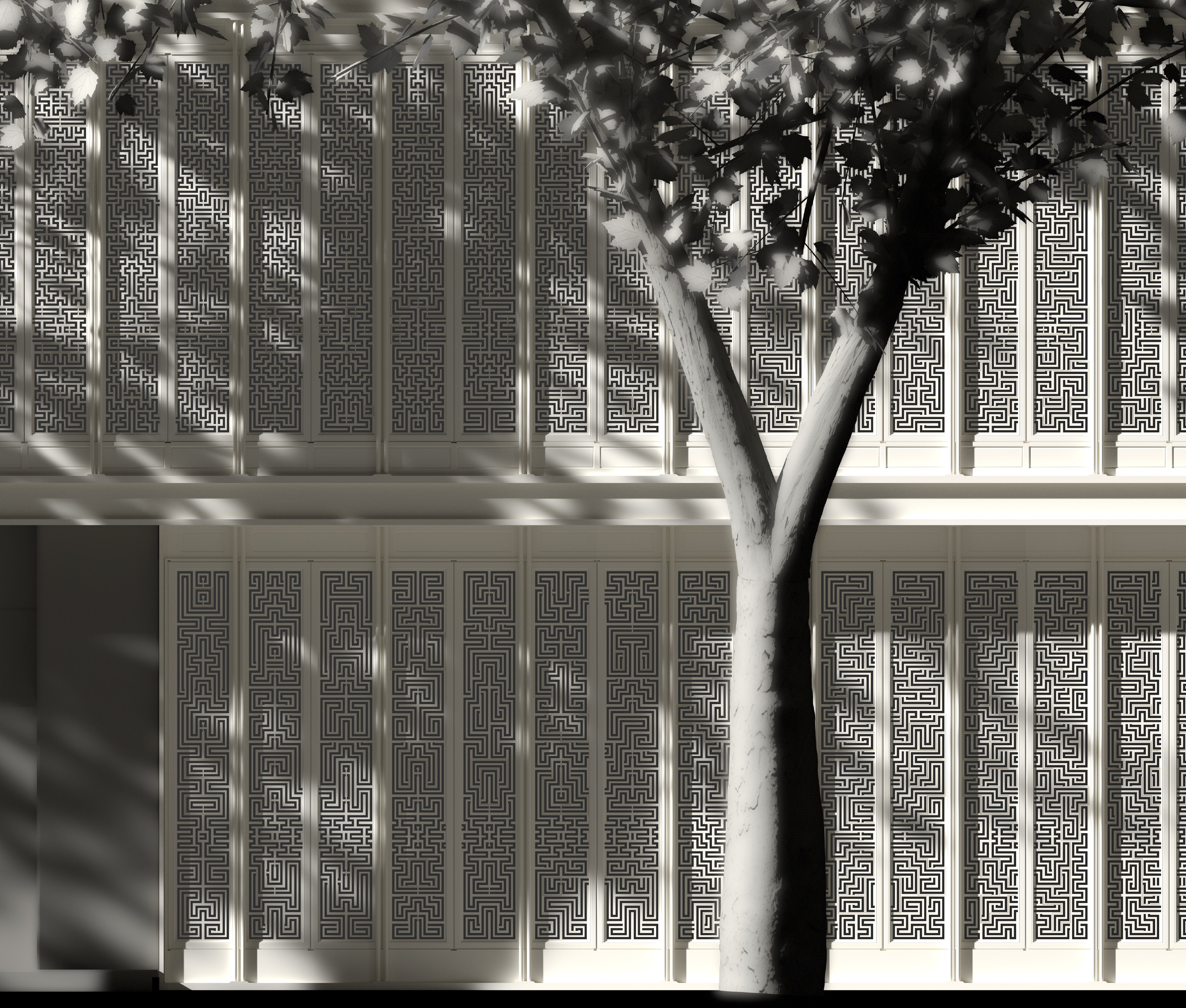 Detail of Ground and First Floor Panels from the Computer Rendered Street Elevation of Version-109,027,350,432,000, Plasticité+, An Implementation of Artificial Intelligence for the Design, Visualization and Digital Fabrication of a Referential Façade of Historical Chinese Art and Architecture, J.Travis Bennett Russett