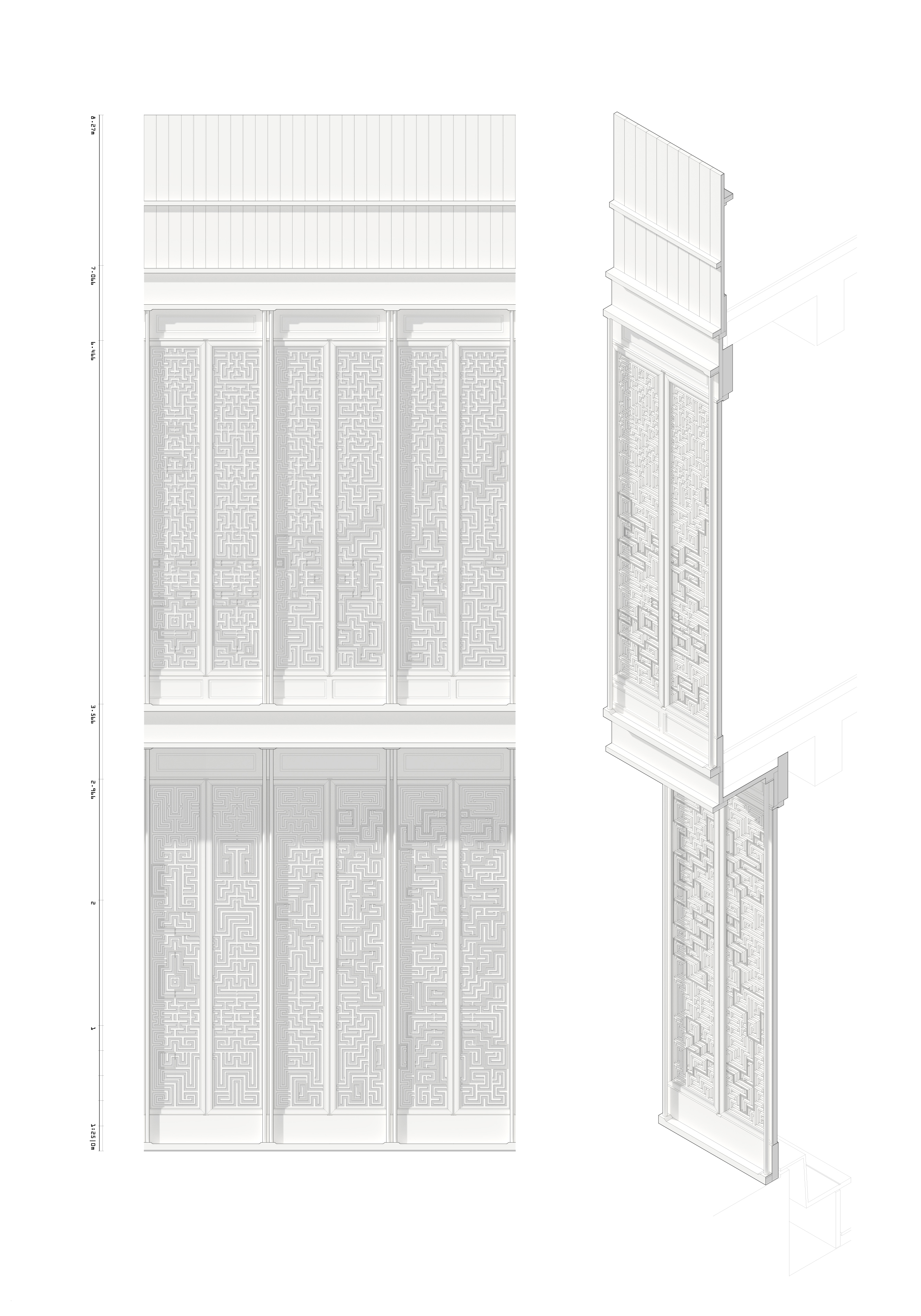 Technical Elevation and Isometric of a Typical Facade Section Through the Ground, First and Roof Floors, Plasticité+, An Implementation of Artificial Intelligence for the Design, Visualization and Digital Fabrication of a Referential Façade of Historical Chinese Art and Architecture, J.Travis Bennett Russett
