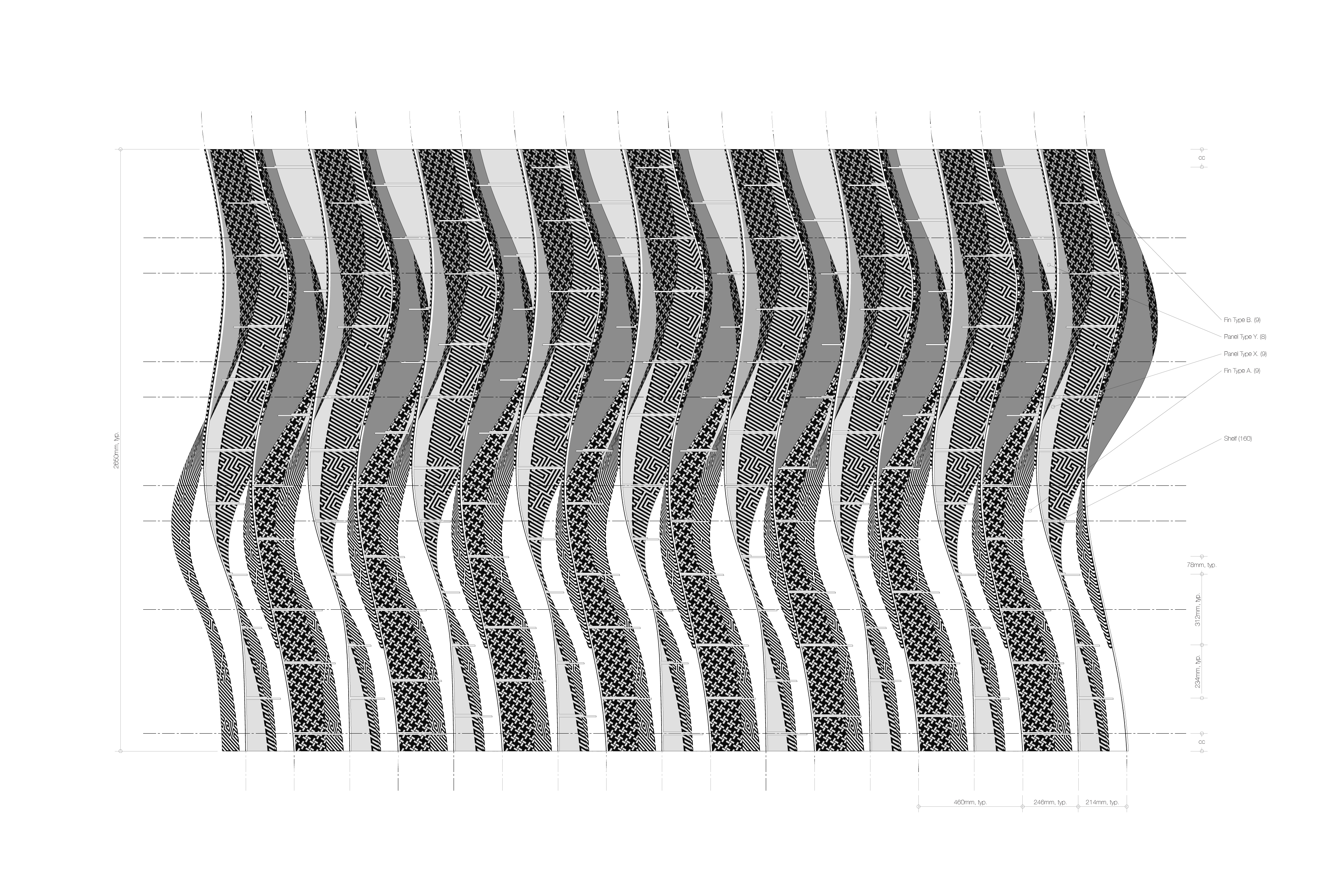 Technical Elevation Drawing Illustrating the Relationship of Pattern and Shape in the Bookshelf, Volta, An Investigation of Perceptual Dissonance via Disjunct Pattern and Shape, J.Travis Bennett Russett