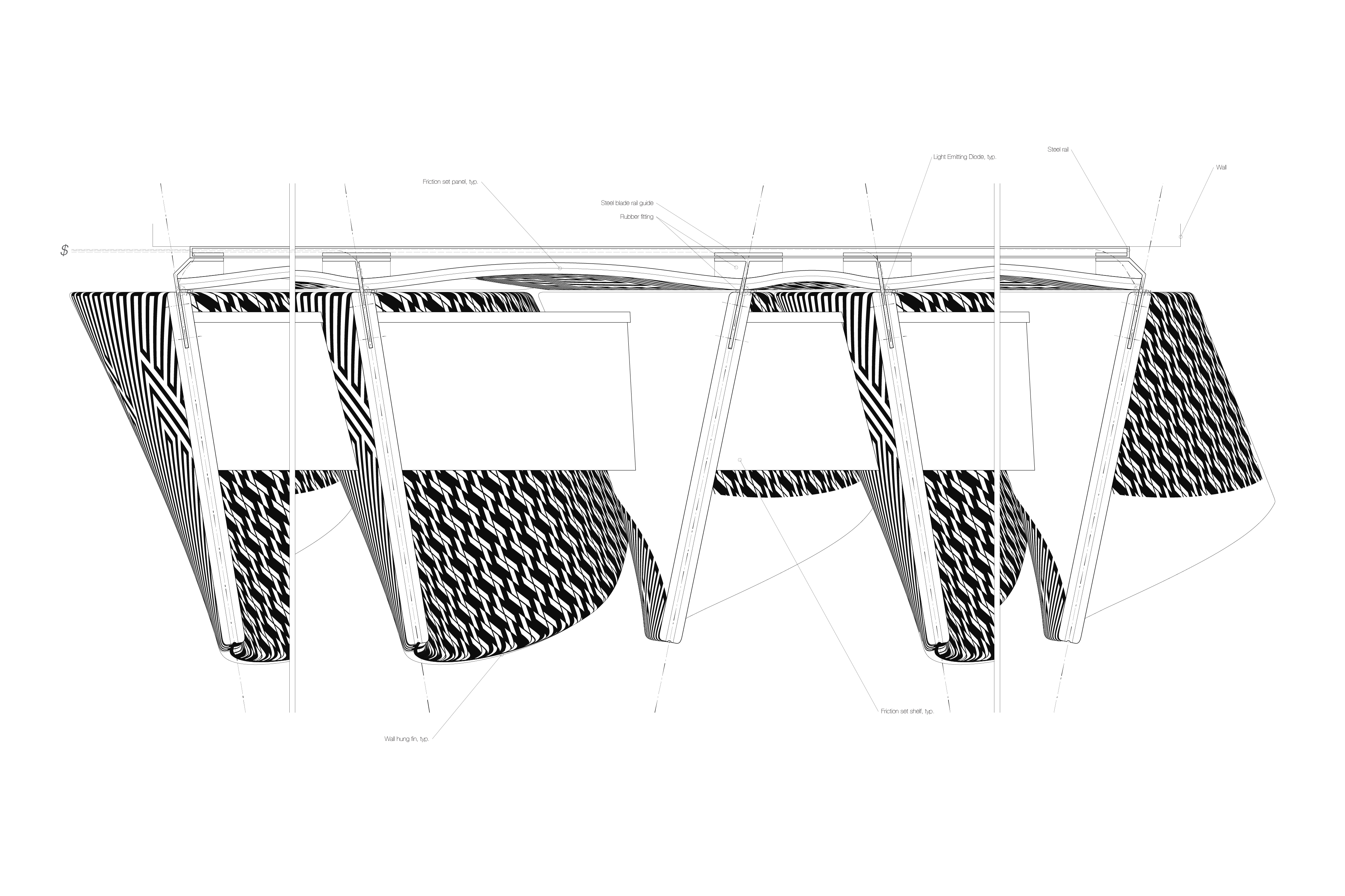 Technical Plan Section Drawing Detailing Fabrication Components, Volta, An Investigation of Perceptual Dissonance via Disjunct Pattern and Shape, J.Travis Bennett Russett