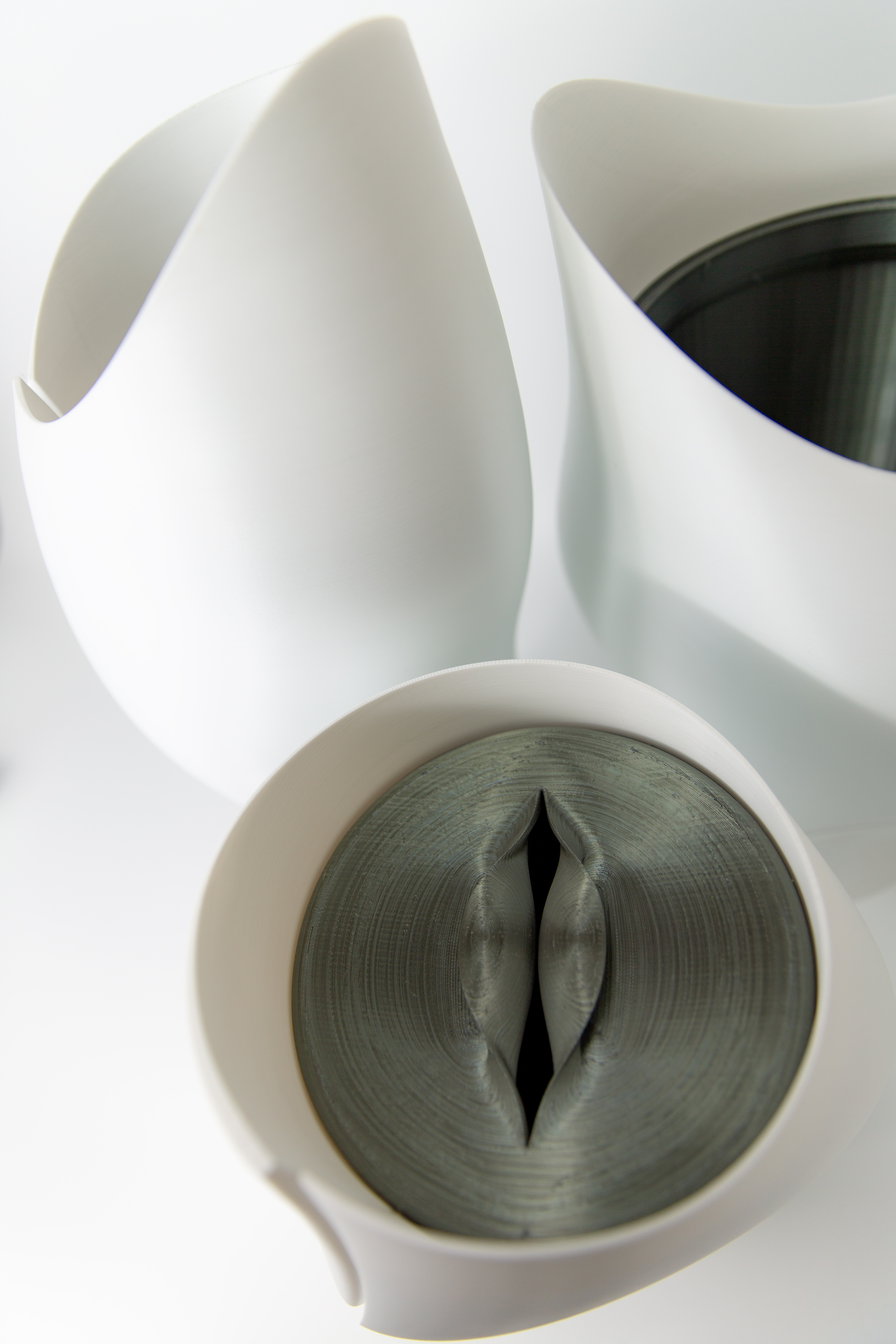 Detail Photograph of Three Waste Bins Designed for an Architect's Wife Highlighting the Lid of the Wet Bin, 3-D Printed Prototypes, Wet, Dry & Recycle β, A Preview of New Work Currently in Development: Three Waste Bins, J.Travis Bennett Russett